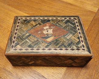 Small Vintage Hand-Crafted Wooden Box Adorned With a Pair of Scotties and Intricate Parquet Patterns From England - Circa 1940’s