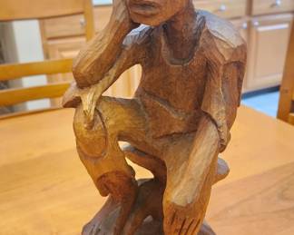 Hand Carved Primitive Male Sculpture in Thought