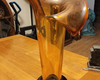 Vintage Orange Purple Art Glass Studio Unsigned Blown Art Glass Vase 15.5" Tall MCM Mid Century