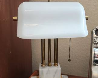 Vintage Brass White Marble Bankers Lamp White Milk Glass Shade