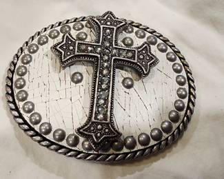 Ornate Gothic CROSS covered in rhinestone with Cream felt? background Belt Buckle