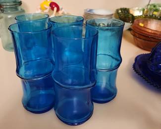 Vintage Bamboo Blue Glass Tumbler 5 Piece Set Mid Century Tahiti
