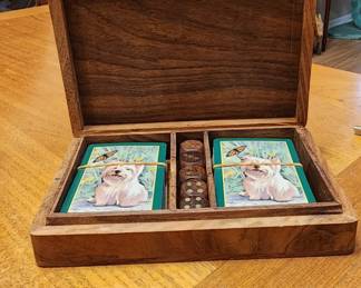 Playing Cards Handmade Wooden Storage Box with 5 dice Antique Design