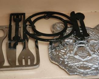 Merle Edelman Trivet Fork Spoon Knife Metal Silver Tone & Silver Tiger Head Trivet