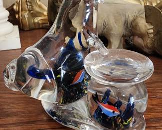 Art Glass Cat with Fish In Belly & Fish Bowl Paper Weight