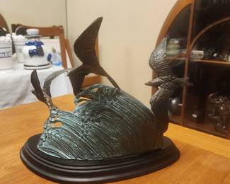Burnished Brass Seagull with Verdigris Waves Sculpture
