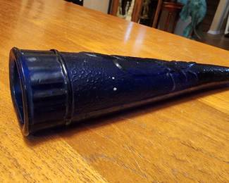 Cobalt Blue Glass, Wall-Hanging Bud Vase w/ Bird Design,