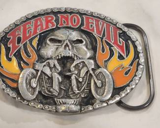 FEAR NO EVIL belt buckle with pewter finish