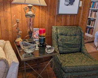 RECTANGULAR GLASS TOP LAMP TABLE WITH IRON CROSS STRETCHER BASE...METAL AND CUT GLASS TROPHY LAMP...GREEN SLIPPER STYLE CLUB CHAIR