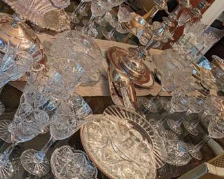 LOTS OF S/P SERVING PIECES AND CRYSTAL
