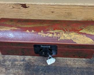 VINTAGE LEATHER CLAD HUMP BACK CHINOISERIE BOX