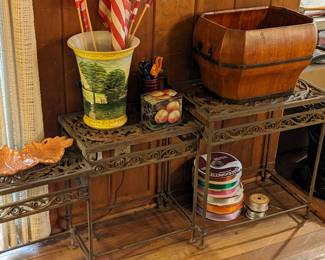 SET OF 3 IRON TABLES..ANTIQUE ASIAN WOOD BUCKET