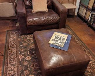 RESTORATION HARDWARE LEATHER CHAIR AND OTTOMAN