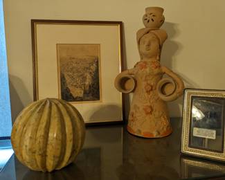 NUNEZ STYLE CLAY STATUE OAXCO MEXICO,  LARGE CARVED STONE BALL