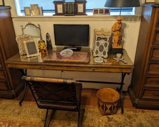 2-DRAWER CONSOLE TABLE WITH IRON STRETCHER BASE & IRON CHAIR WITH LEATHER CUSHIONS