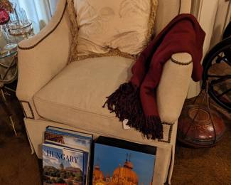 CREAM COLORED CLUB CHAIR WITH BRASS TACKING MADE BY HICKORY CHAIR