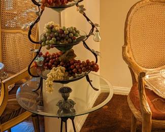 3 TIER SERVER WITH GRAPES ON ROUND GLASS TOP  METAL BASE TABLE