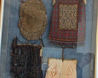 VINTAGE SHADOW BOX WITH ANTIQUE BEADED PURSES