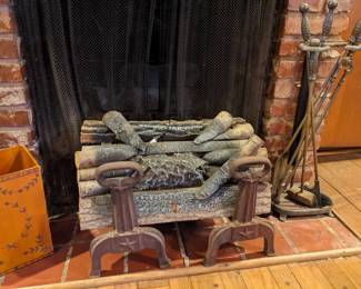 VINTAGE ELECTRIC FIREPLACE LOG SET...ANTIQUE KELLEY  CAST IRON ANDIRONS...IRON FIRETOOL SET
