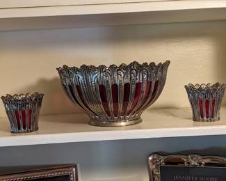 SILVER BOWL AND VOTIVES WITH RUBY GLASS INSERTS