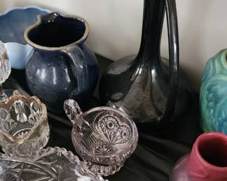 Assorted American Brilliant Glass Period, Crystal, Shirley Temple, Jardinière Prussia, Sterling Rimmed Crystal, Heisey, Carnival Glass Van Briggle