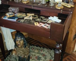 Period Desk, Ink Wells, Tin Type Pictures, Quills, Roscoe Misselhorn, Vintage Lamp Light