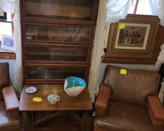 Avon Stafford MCM Chairs with Front Casters, Barrister Bookcase, Rosco Misselhorn, Hersman Coffee Table, Antique Desk,