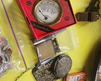 Compass, Mesh Purse, Military Whistle, Vintage Small Coke Bottle, Vtg. Coke Pencil Sharpener