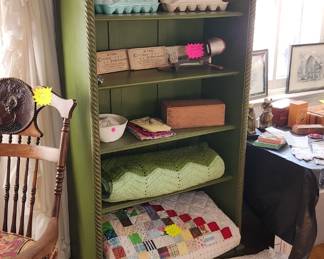 Vintage Painted Cabinet, Quilts, Chenille Bed Spreads,Antique Victorian hand Blown White / Cream Eggs, Antique Stereoscope with Cards