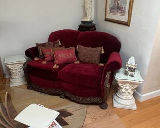 Upholstered scallop back highly Carved to cushion loveseat
Circa 1910