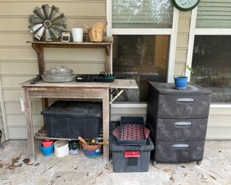 Work Bench, Storage Drawers, and Gardening Items