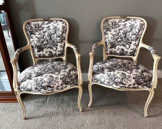 pair of beautiful toile upholstered arm chairs