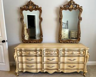 French Provincial 9 drawer dresser and 2 wall mirrors