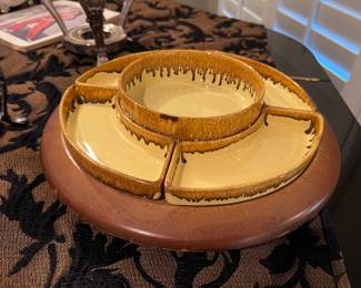 Vintage 5 piece Yellow Brown Drip Glaze Ceramic Pottery Server Relish Tray