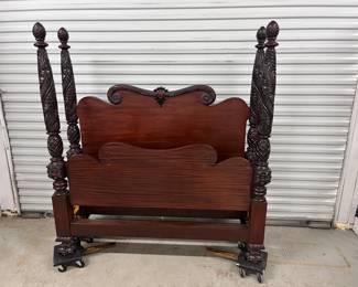 Solid Mahogany Acanthus Carved Bed and Highboy - With Rails