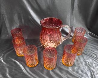 Amberina Coin Spot Pitcher & 7 Glasses