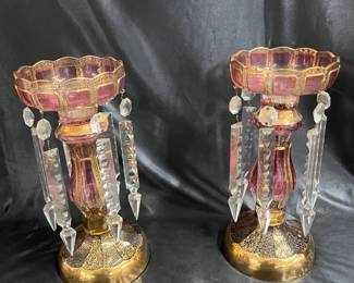 SOLD - Pair Moser Gilt and Cranberry Lusters