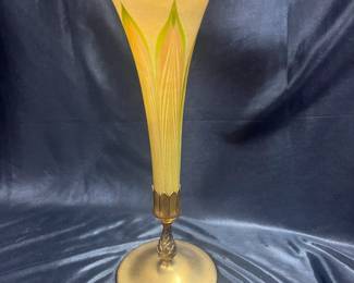 SOLD - Tiffany Studios Bronze & L.C.T. Glass Trumpet Vase - Bronze: 5.5" tall - Glass: 11" tall
