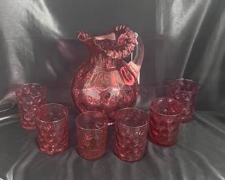 Cranberry Glass Coin Spot Pitcher & 6 Glasses