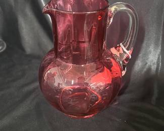 Cranberry Glass Ribbed Pitcher
