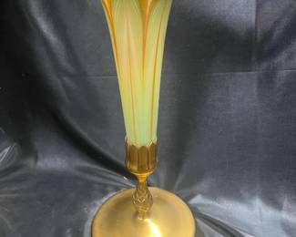 SOLD - Tiffany Studios Bronze & L.C.T. Glass Trumpet Vase - Bronze: 5.5" tall - Glass: 8.5" tall
