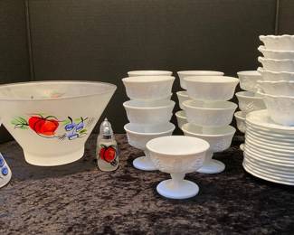 Hazel Atlas Frosted Glass Salad Serving Set Milk Glass Dessert Dishes In Grape Pattern