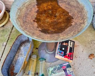 Metal Birdbath, Bird Feeders And Metal Tub