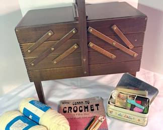 VTG Accordion Sewing Box Filled with Sewing Supplies