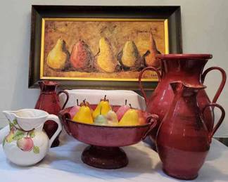 Red Pottery And Signed Pear Painting