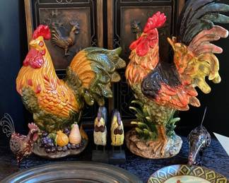 Rustic Rooster Metal Wall Fixtures, 6 Rooster Figures, 3 Decorative Plates
