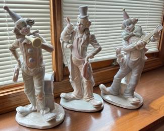 Three 12in Tall Porcelain Clowns