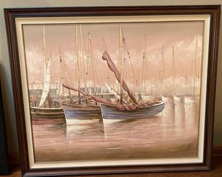 B. Joseph Moored Boats Framed Oil Painting