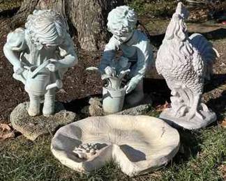 Garden Statues Girl  Boy Gardening, Rooster, and Lilypad