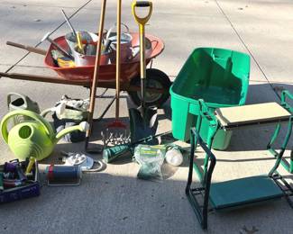 Red Wheelbarrow, Galvanized Watering Cans, More Gardening Tools